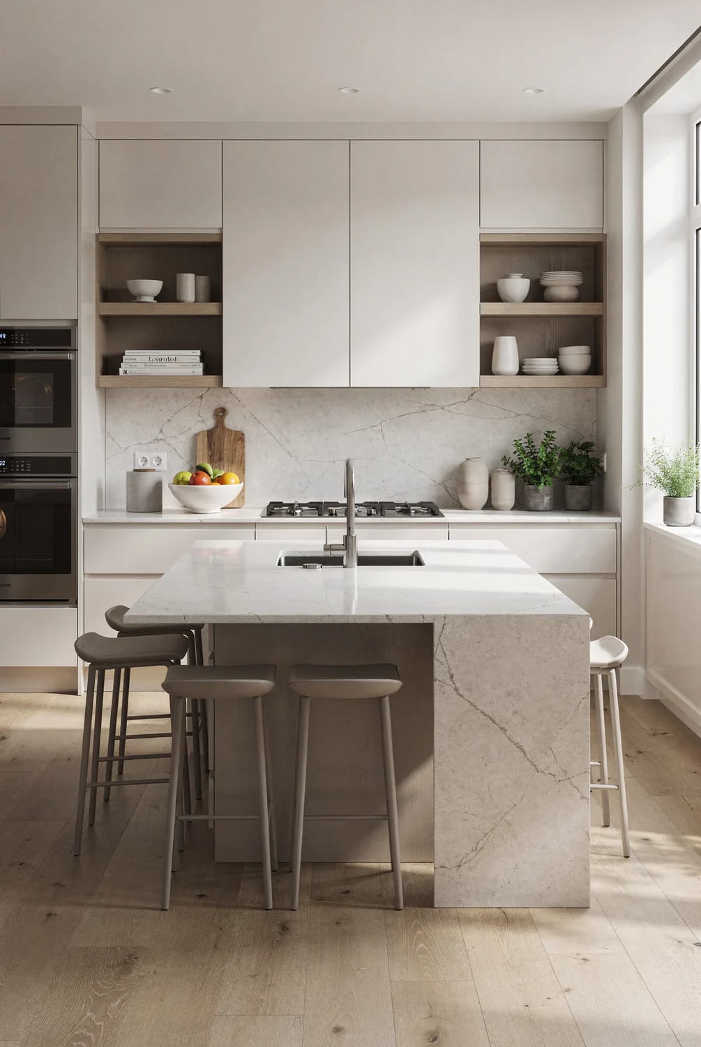 Timeless Kitchen Remodel With Long-Side Island Seating Bright modern kitchen remodel with a marble island, sink, light cabinetry, open wood shelves, and stools arranged along the island’s long side