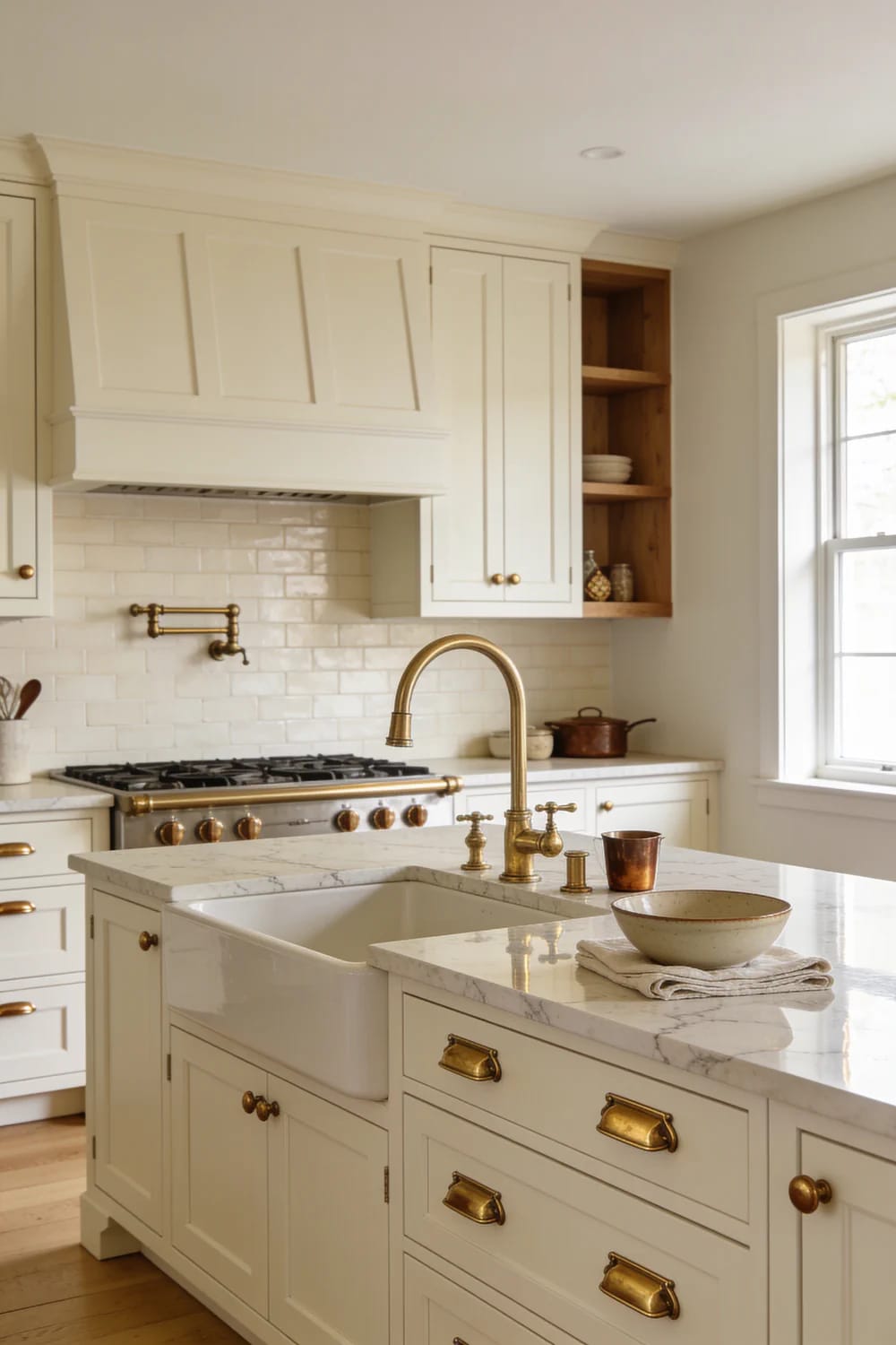 Kitchen Remodel Inspiration That Holds Up After the Trend Passes 5 Traditional white kitchen with marble countertops, a farmhouse sink, brass faucet, brass cabinet hardware, brass range accents, open wood shelving, and a window, illustrating durable kitchen remodel inspiration with unlacquered brass