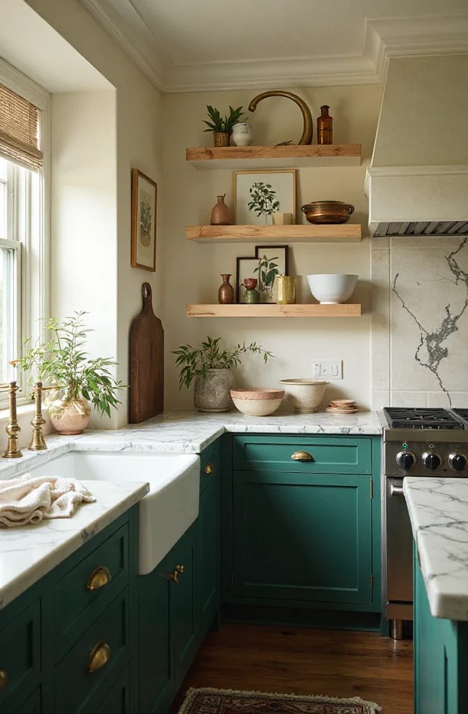 Kitchen Remodel Inspiration That Holds Up After the Trend Passes 4 Kitchen remodel with deep green cabinets, marble countertops, open wood shelves, a brass faucet and brass cabinet hardware, farmhouse sink, range, and decorative plants and pottery