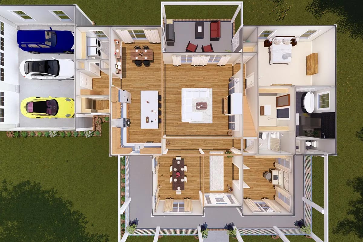 Top-down cutaway rendering showing furnished rooms, central living space, outdoor areas, and three-car garage