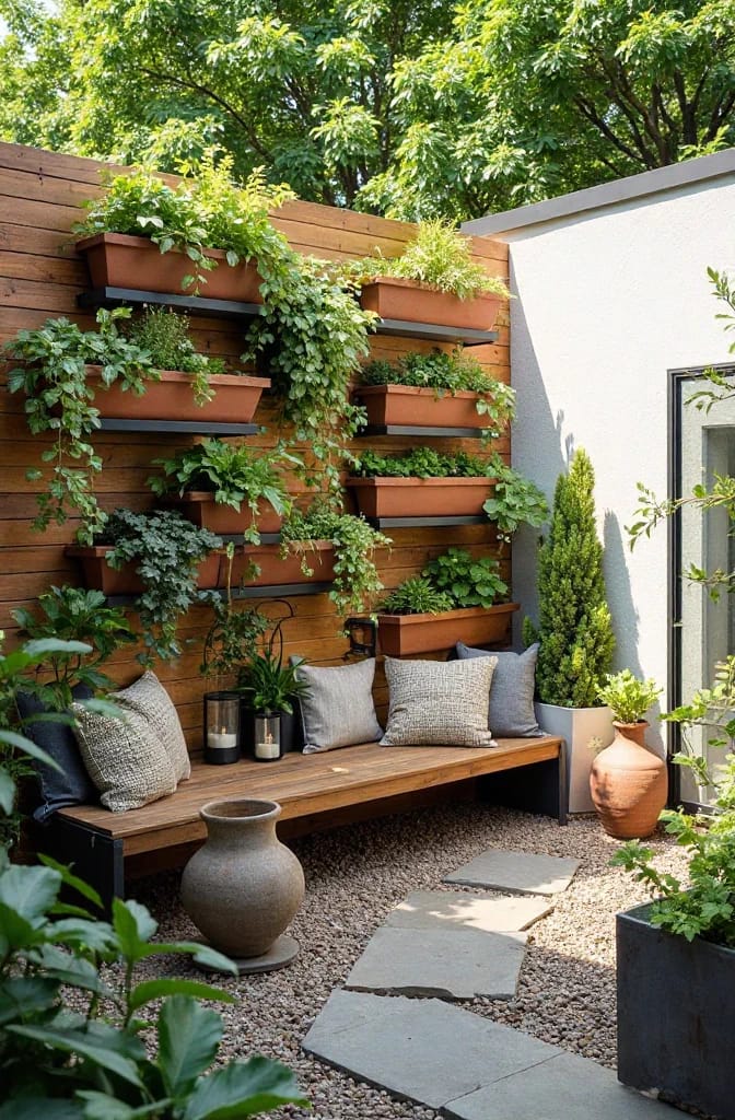 Vertical Garden Small Backyard Landscaping Small backyard seating area with a wooden bench, cushions, potted plants, and multiple terracotta planters arranged as a vertical garden on a wood wall