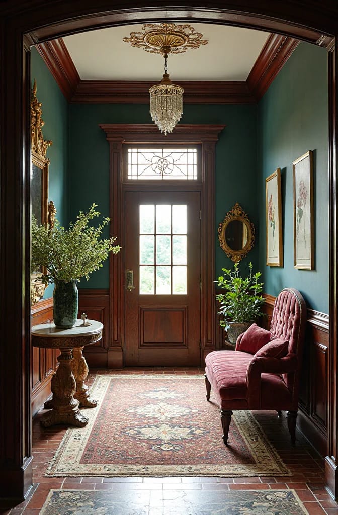 Victorian Homes: What the Good Ones Get Right 4 Victorian entry hall furnished as a room with a wooden glass-paneled door, chandelier, dark green walls, patterned rug, upholstered chair, side table, plants, framed artwork, and ornate mirrors