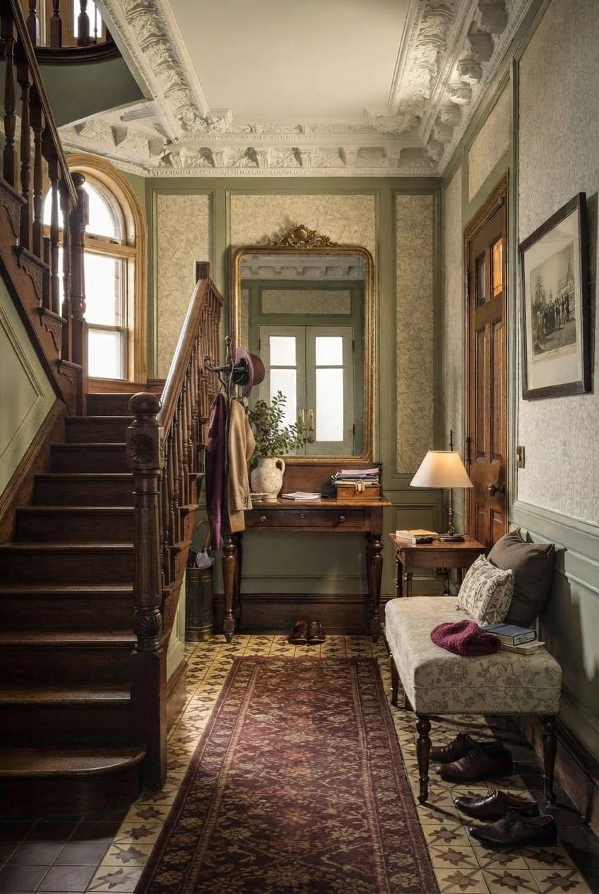 Victorian Homes: What the Good Ones Get Right 5 Victorian entry hall with an ornate ceiling, dark wood staircase, patterned tile floor, long runner rug, console table, coat stand, and upholstered bench beneath a tall window