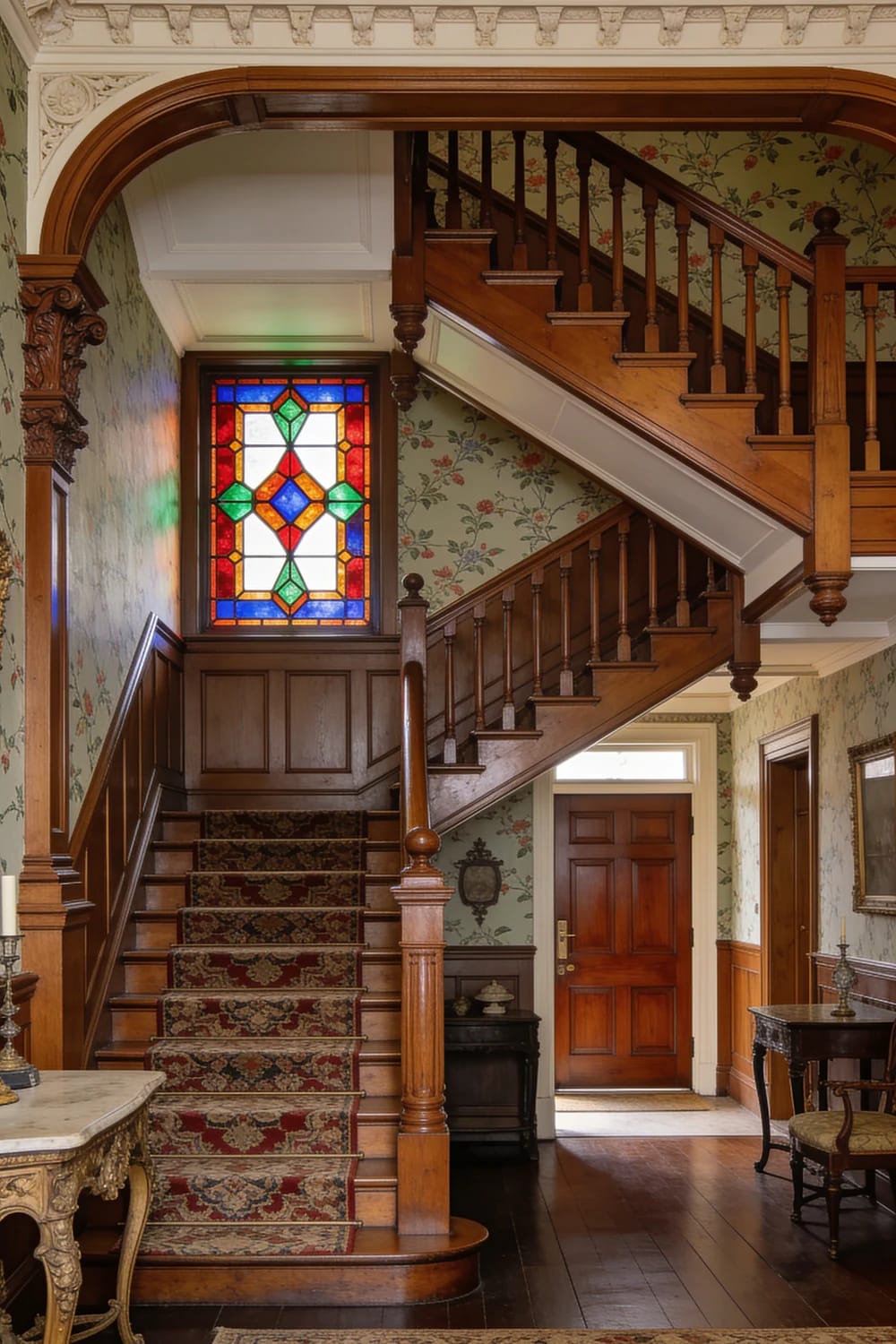 Victorian home interior with a wooden staircase, patterned stair runner, floral wallpaper, ornate woodwork, and a colorful stained-glass window on the stair landing