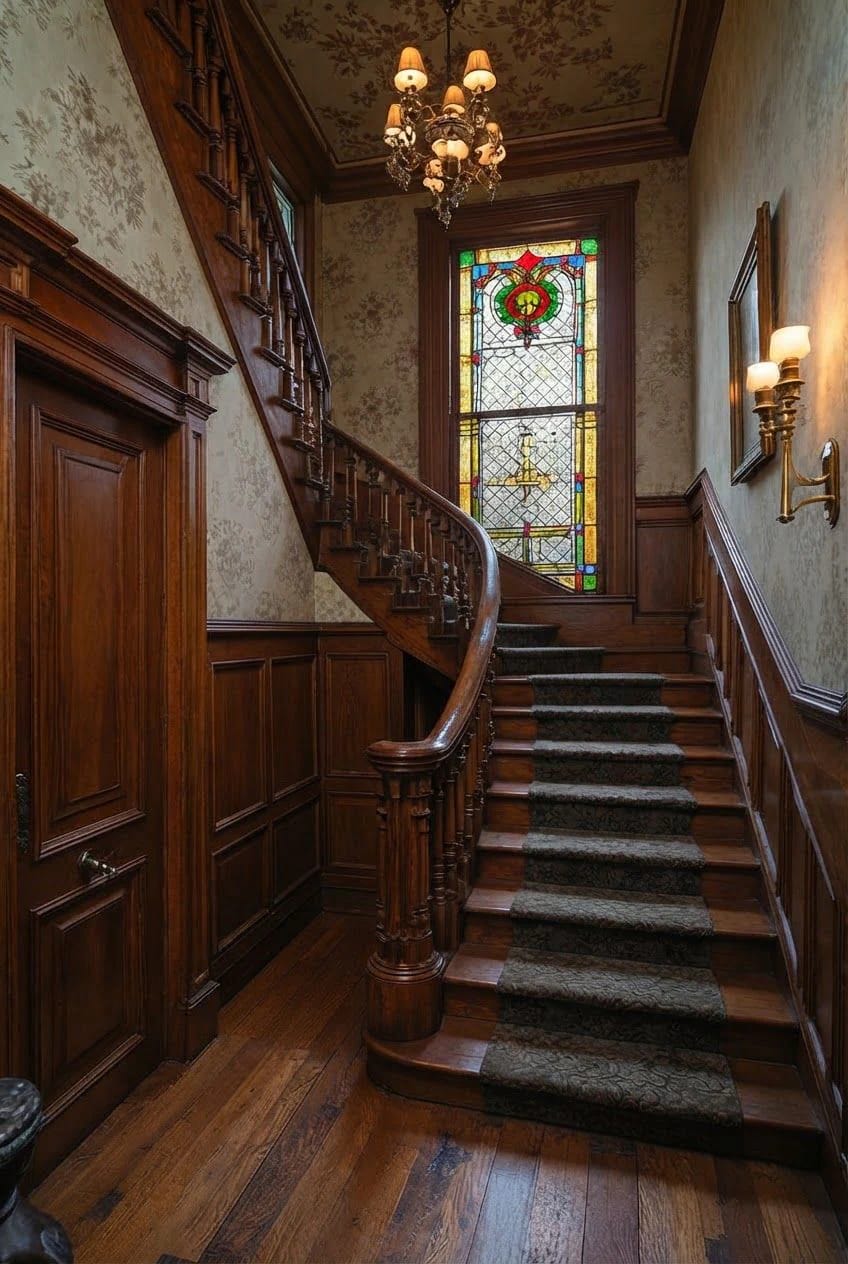 Wood-paneled Victorian staircase with a patterned runner, carved banister, chandelier, wall sconces, and a colorful stained-glass window on the stair landing