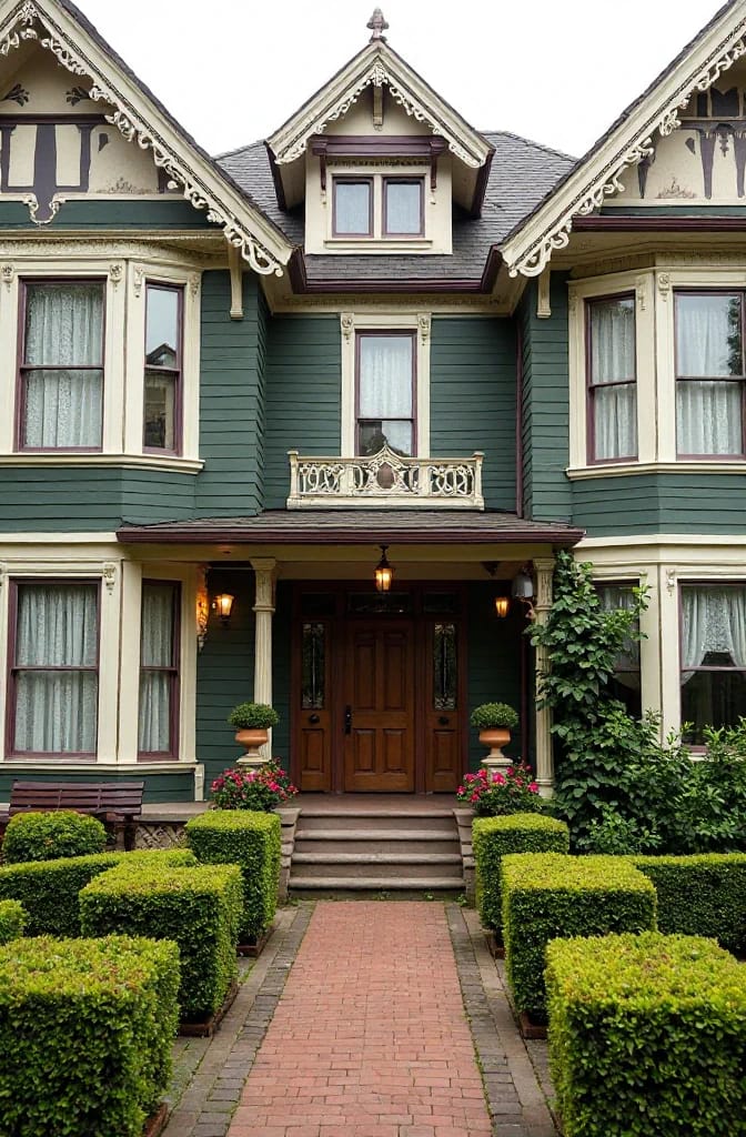 Ornate Victorian home with dark green siding, cream trim, and burgundy accents, framed by clipped hedges and a brick walkway