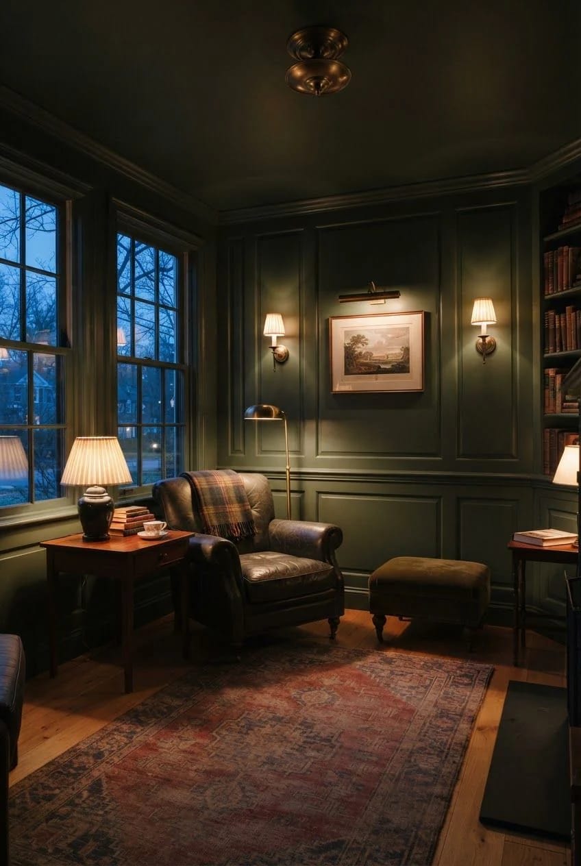 Dark Victorian-style study with paneled walls, tall windows, bookshelves, a leather armchair, patterned rug, table lamps, wall sconces, and a floor lamp providing light throughout the room
