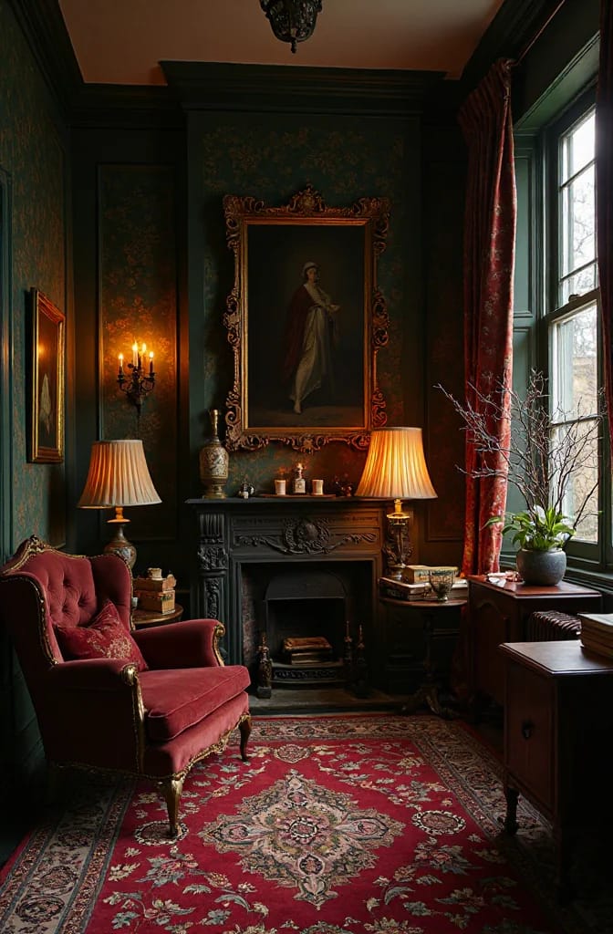 Dark Victorian interior with a fireplace, framed portrait, red upholstered armchair, patterned rug, tall window, and multiple lamps and candles providing light throughout the room
