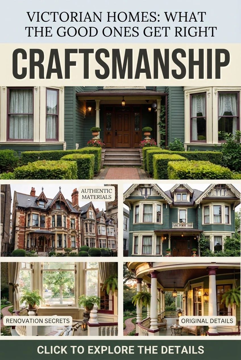 Collage about Victorian homes featuring a green house entrance with trimmed hedges, ornate Victorian façades, a bright bay window, and a covered porch with columns; text highlights craftsmanship, authentic materials, renovation secrets, and original details