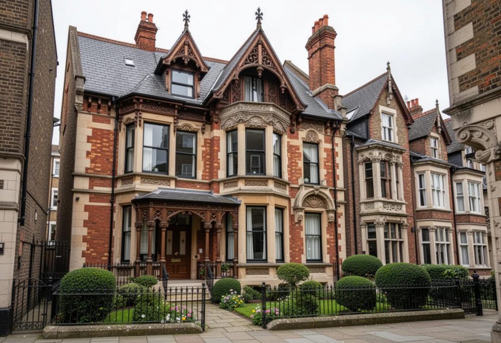 Lovely Harbor 27 Row of Victorian homes with red brick facades, ornate gabled woodwork, bay windows, tall chimneys, slate roofs, and neatly landscaped front gardens