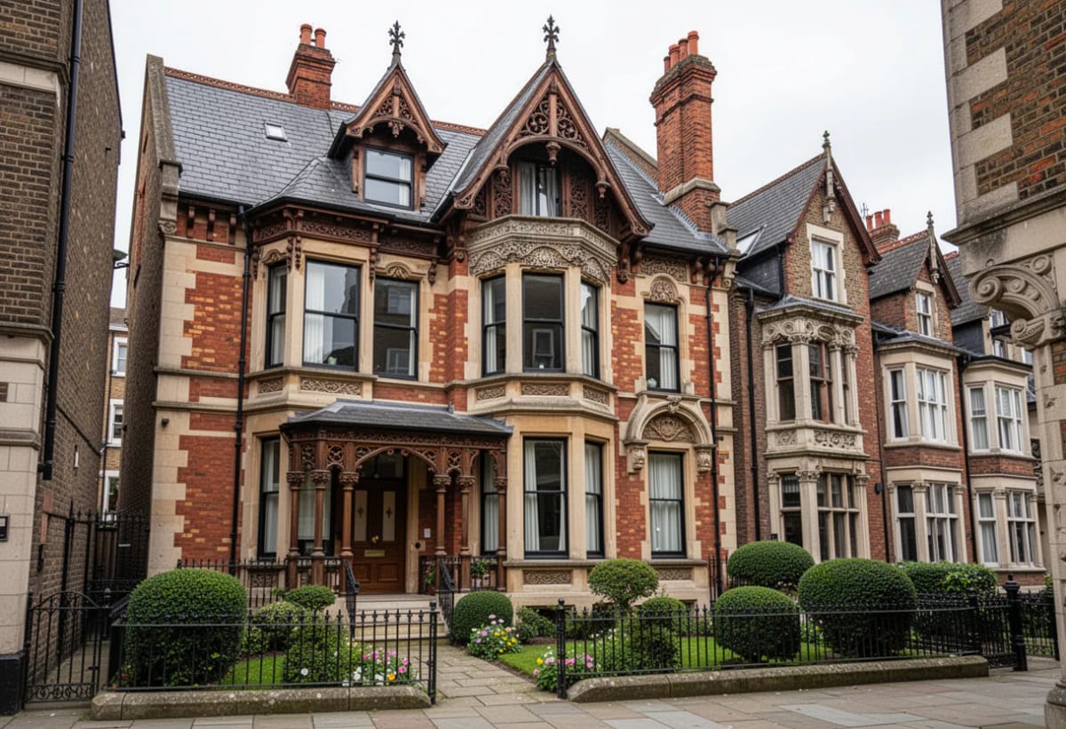 Row of Victorian homes with red brick facades, ornate gabled woodwork, bay windows, tall chimneys, slate roofs, and neatly landscaped front gardens