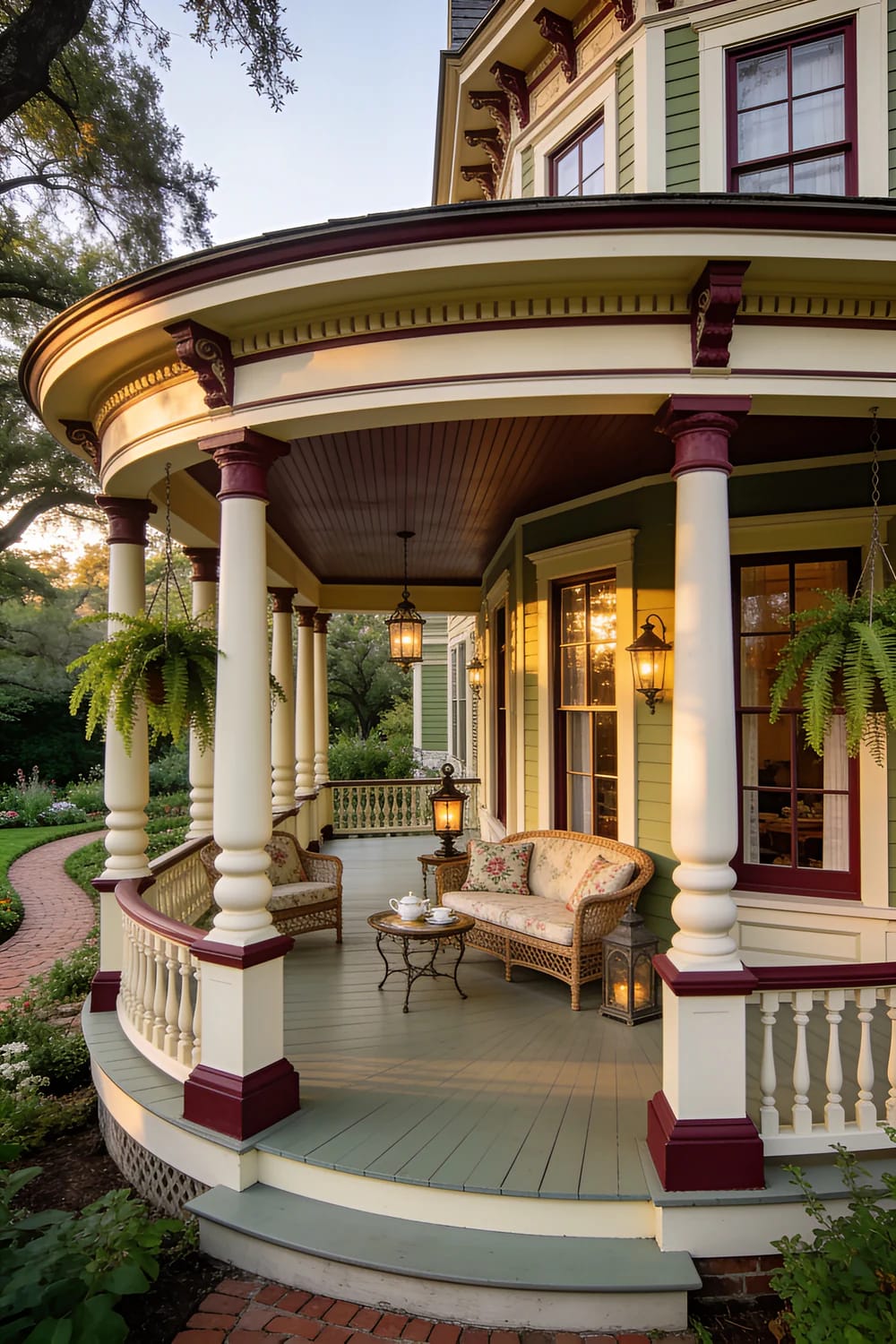 Victorian home with a curved wraparound porch supported by thick white columns with burgundy trim, decorative brackets, hanging ferns, wicker seating, and lanterns