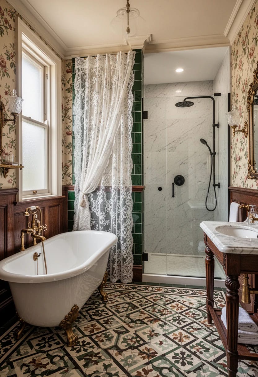 Victorian house interior bathroom featuring floral wallpaper, dark wood paneling, patterned tile flooring, a clawfoot bathtub, lace curtain, marble shower walls, and a glass shower enclosure
