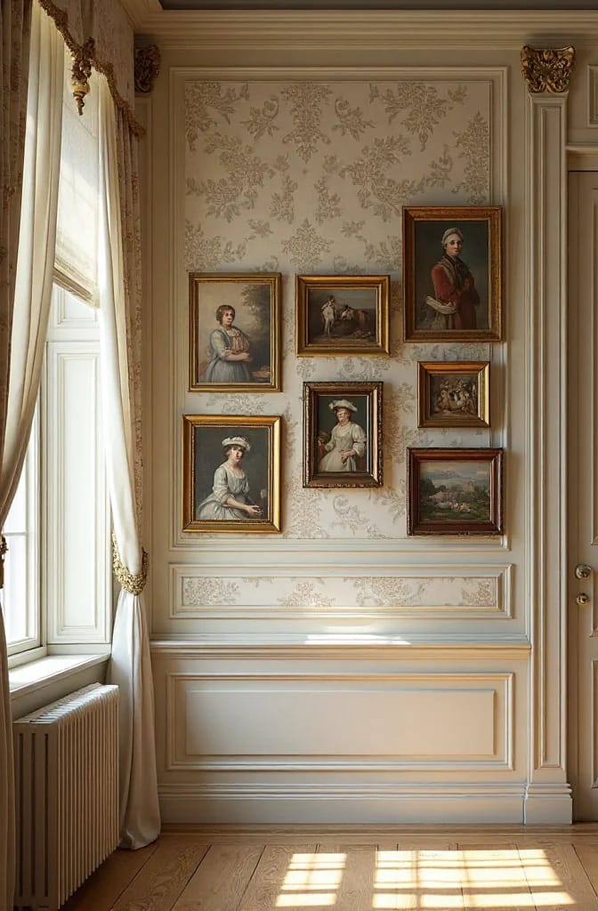 Victorian house interior with a patterned wallpaper panel displaying six framed portraits and landscape paintings above decorative wall molding, beside a tall curtained window and radiator