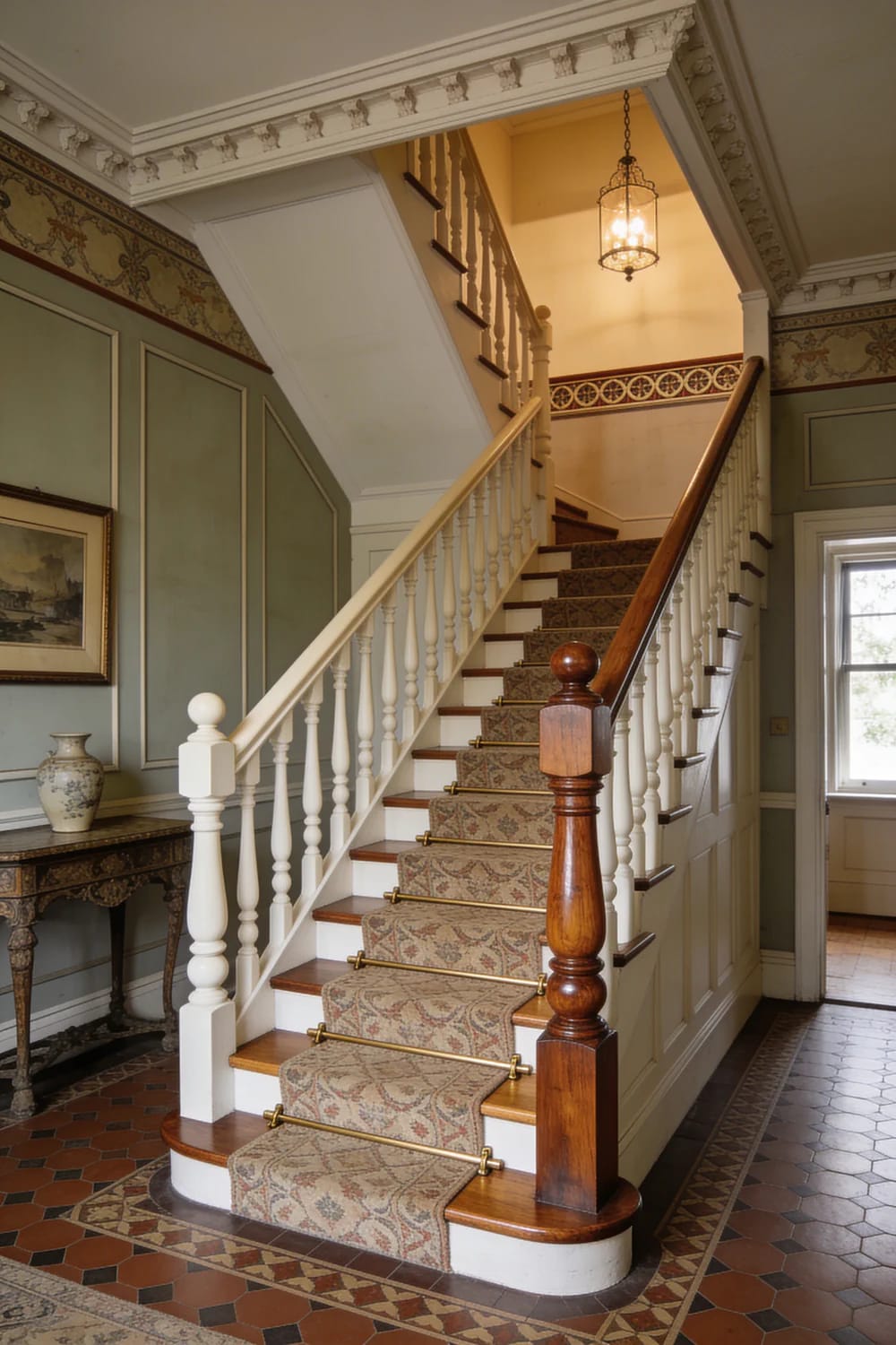 Victorian house interior hall with a carpeted staircase, white turned balusters, dark wood handrail, patterned floor tiles, decorative wall panels, framed artwork, and a hanging lantern