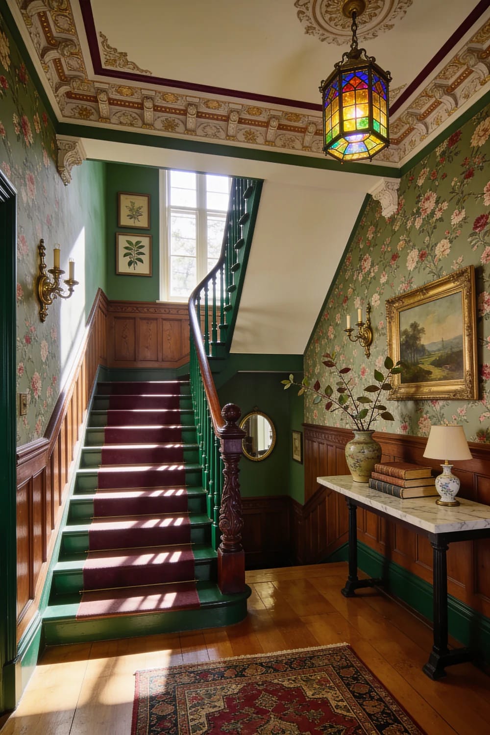 Victorian house hall with a green-painted staircase, burgundy runner, floral wallpaper, dark wood paneling, stained-glass pendant light, framed artwork, console table, and patterned rug