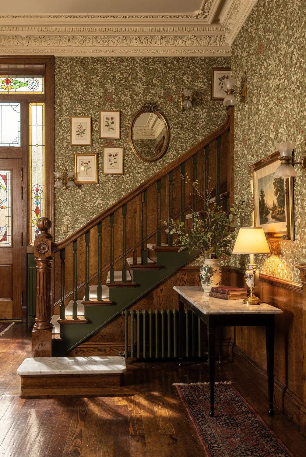 Victorian house hall with a dark wood staircase, floral wallpaper, stained-glass entry door, framed botanical prints, ornate ceiling molding, wall sconces, marble-topped console table, lamp, and patterned runner