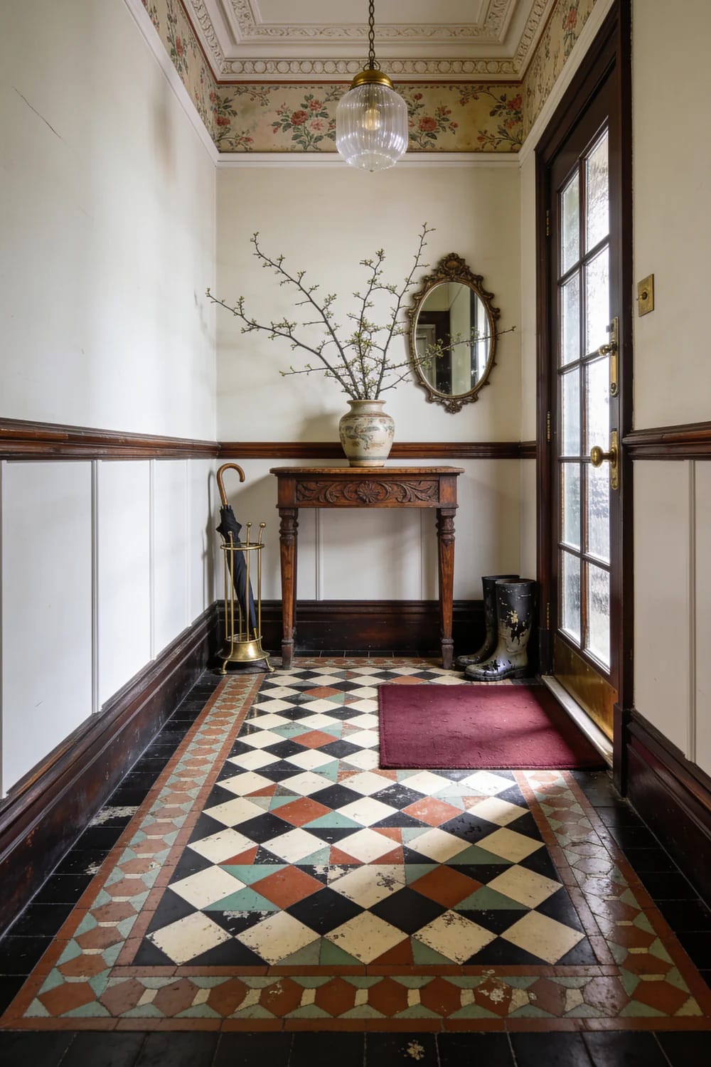 Victorian house entrance hall with a patterned tiled floor, dark wood paneling, carved console table, floral ceiling frieze, hanging glass light, ornate mirror, umbrella stand, and boots beside a glazed door