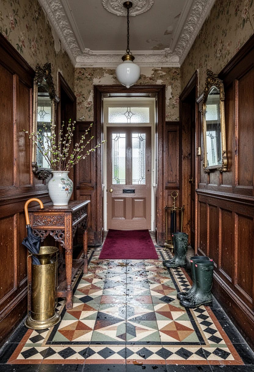 Victorian house interior hallway featuring dark wood paneling, floral wallpaper, ornate plaster ceiling trim, a hanging globe light, decorative mirrors, a patterned tile floor, a front door with textured glass, an umbrella stand, and muddy boots