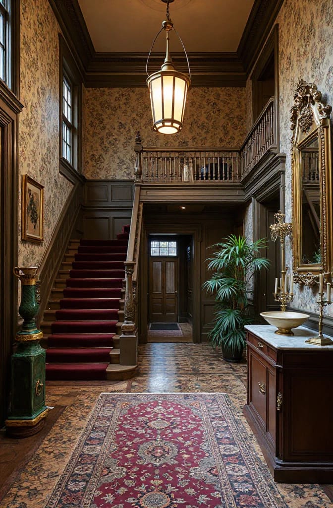 Victorian house interior hallway with a red-carpeted staircase, patterned wallpaper, dark wood paneling, hanging lantern, tiled floor, console table, mirror, and potted palm