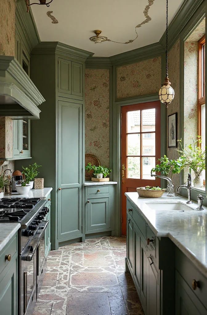 Narrow Victorian kitchen with muted green cabinetry, floral wallpaper, a large range, marble countertops, a farmhouse sink, patterned stone flooring, and wood-framed windows