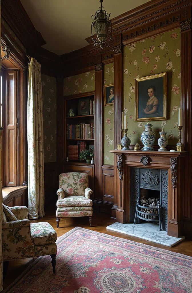 Victorian house interior featuring olive floral wallpaper, dark wood paneling, a carved fireplace, framed portraits, porcelain vases, floral upholstered chairs, and a patterned area rug.