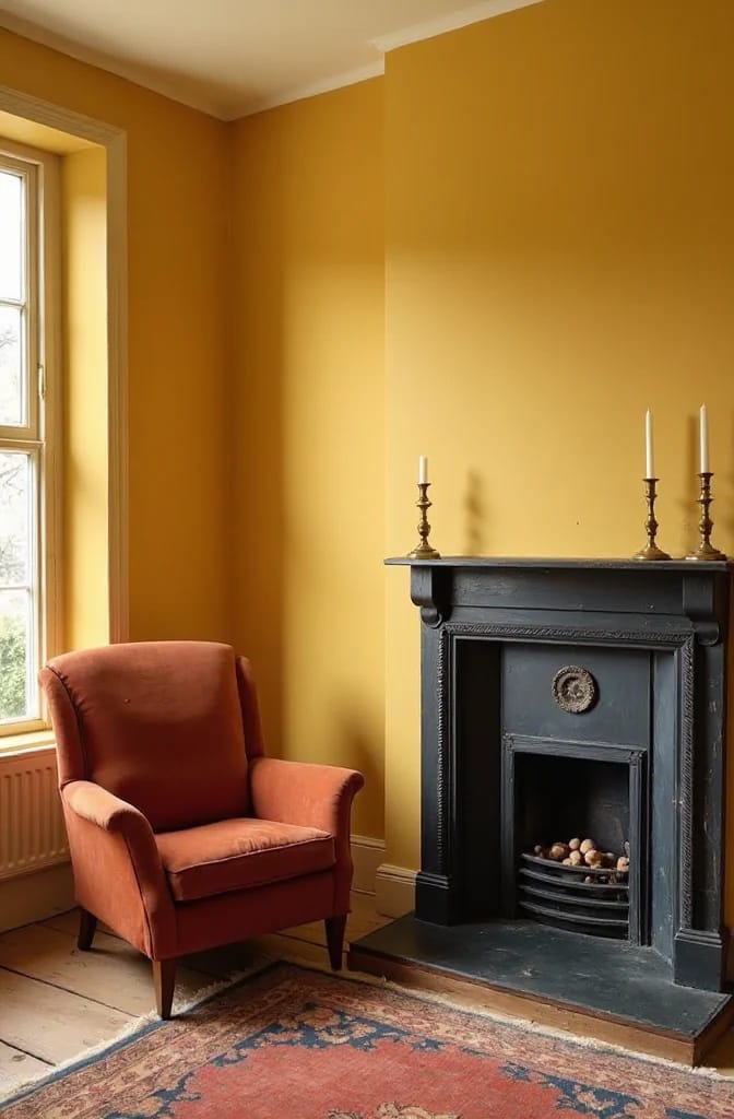 Victorian house interior with ochre walls, a black fireplace and mantel, two brass candlesticks, a rust-colored armchair, a tall window, and a patterned rug