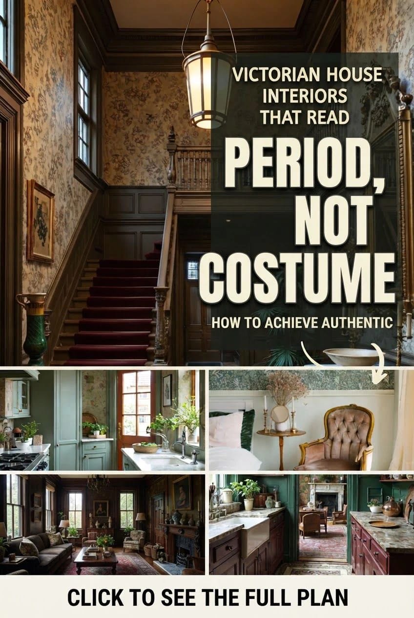 Collage showing a Victorian staircase with patterned wallpaper, dark wood paneling, and a hanging lantern, alongside smaller images of period-inspired kitchens, bedrooms, and living rooms.