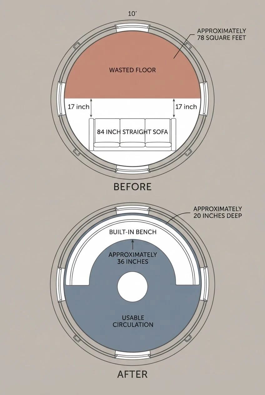 Before-and-after floor plan of a round Victorian turret room: the before layout shows a straight sofa, 17-inch gaps, and approximately 78 square feet of wasted floor; the after layout shows a curved built-in bench about 20 inches deep surrounding usable circulation.