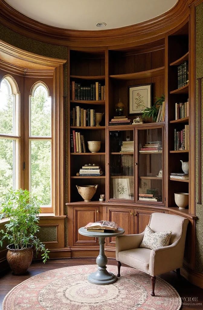 Victorian turret room featuring curved dark wood built-in bookcases, glass-front cabinets, a tall window, potted plant, armchair, and small round table