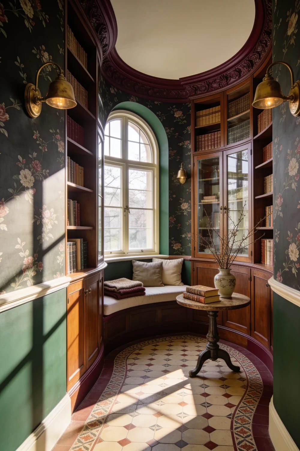 Victorian turret room featuring curved built-in wooden bookcases, floral wallpaper, an arched window with a cushioned seat, ornate ceiling trim, wall sconces, and patterned tile flooring