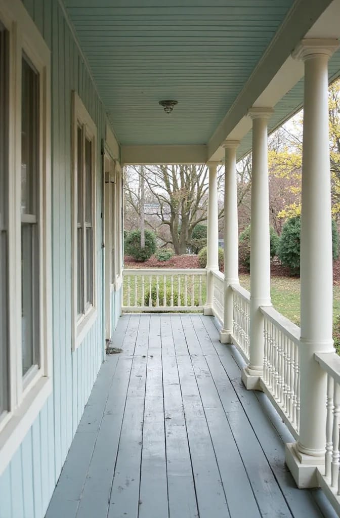 Covered Victorian wraparound porch with a blue-painted beadboard ceiling, gray wood floor, white round columns, and decorative railings overlooking a landscaped yard