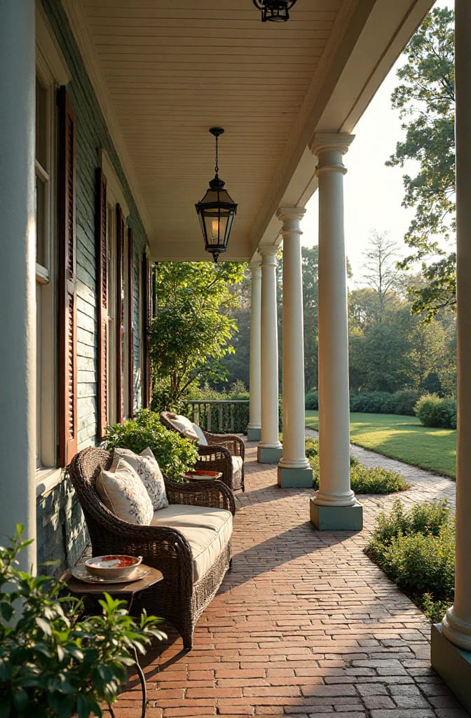 Victorian wraparound porch with thick white columns, brick flooring, wicker seating, hanging lanterns, and a landscaped garden beyond