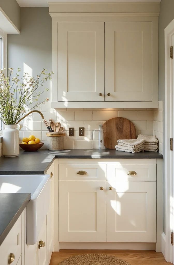 Warm Off-White Kitchen Cabinets Compact kitchen with warm off-white paneled cabinets, dark countertops, white subway tile backsplash, a farmhouse sink, wooden cutting board, folded towels, and sunlight across the cabinets