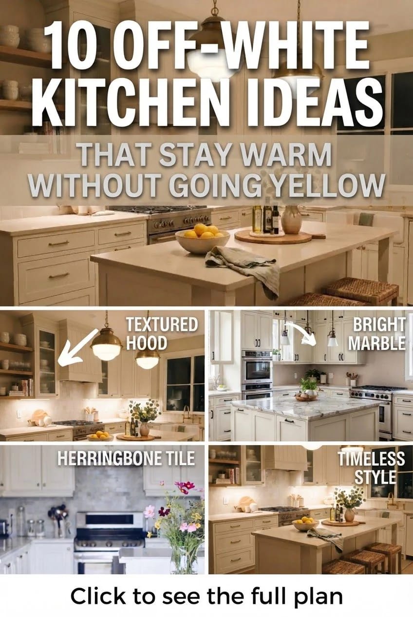 Warm Off-White Kitchen Ideas Collage showing warm off-white kitchen designs with cream cabinetry, islands, pendant lights, open shelving, marble countertops, a textured hood, herringbone tile, and labeled design features