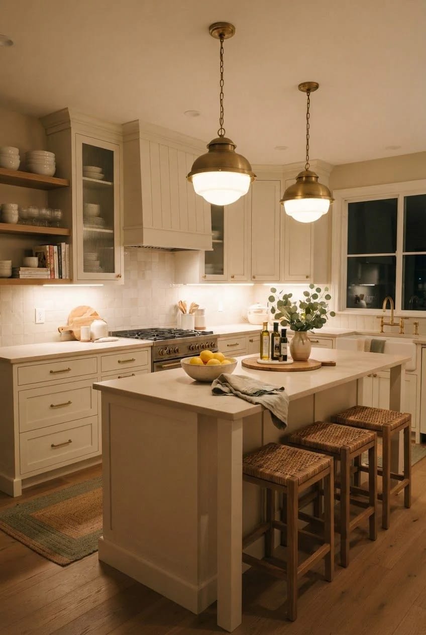 Warm Off-White Kitchen With 2700K Lighting Warmly lit off-white kitchen with paneled cabinets, brass pendant lights, a central island, woven stools, open shelving, and a bowl of lemons, illustrating an off-white kitchen warmed by evening lighting