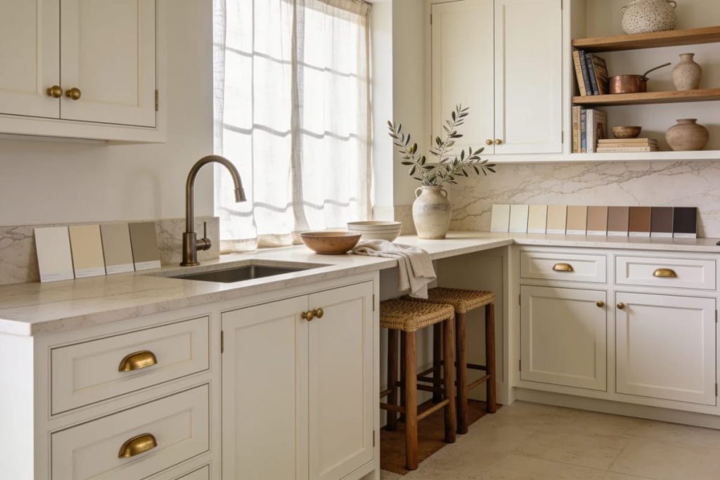 Lovely Harbor 27 Off-white kitchen with shaker-style cabinets, marble-look countertops and backsplash, brass hardware, a farmhouse sink, open wood shelving, and woven bar stools by a sunlit window