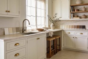 10 Off-White Kitchen Ideas That Stay Warm Without Going Yellow 7 Off-white kitchen with shaker-style cabinets, marble-look countertops and backsplash, brass hardware, a farmhouse sink, open wood shelving, and woven bar stools by a sunlit window