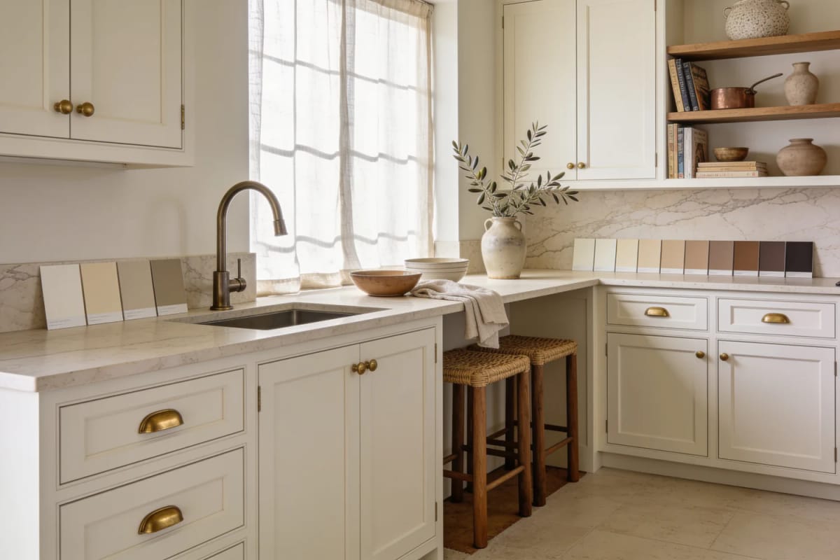 10 Off-White Kitchen Ideas That Stay Warm Without Going Yellow 1 Off-white kitchen with shaker-style cabinets, marble-look countertops and backsplash, brass hardware, a farmhouse sink, open wood shelving, and woven bar stools by a sunlit window