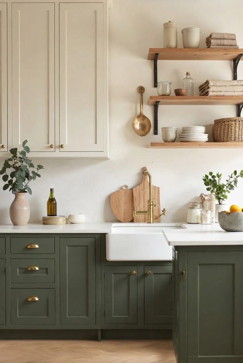 Warm Off-White Kitchen With Green Base Cabinets Two-tone kitchen with warm off-white upper cabinets, dark green base cabinets, wooden open shelves, a farmhouse sink, brass fixtures, cutting boards, dishes, and plants