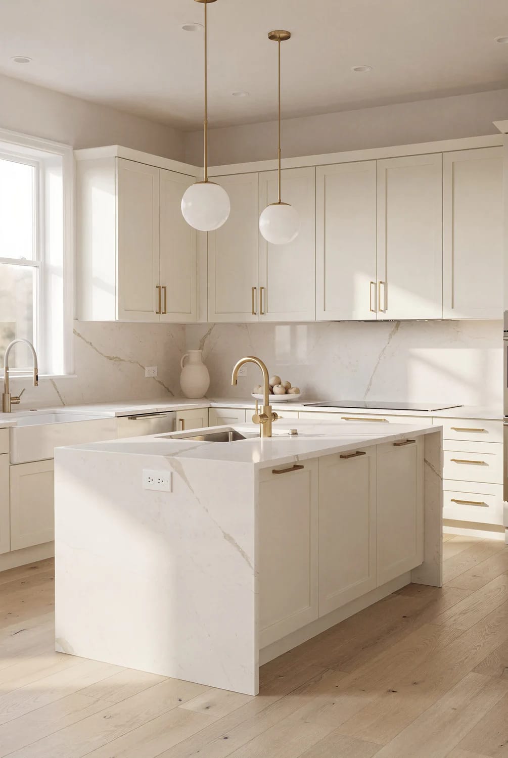 Warm Off-White Kitchen With Marble Island Bright off-white kitchen with paneled cabinets, a large marble island, brass faucets and hardware, globe pendant lights, and light wood flooring, illustrating a warm off-white kitchen idea