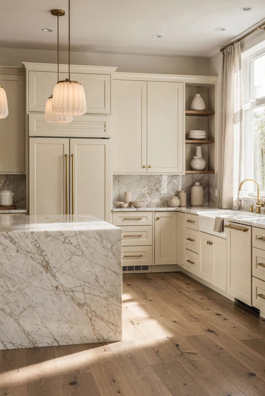 Warm Off-White Kitchen With Matching Appliances Warm off-white kitchen with cream cabinetry, matching refrigerator and dishwasher fronts, marble island and backsplash, brass hardware, pendant lights, open shelving, and a window with curtains.