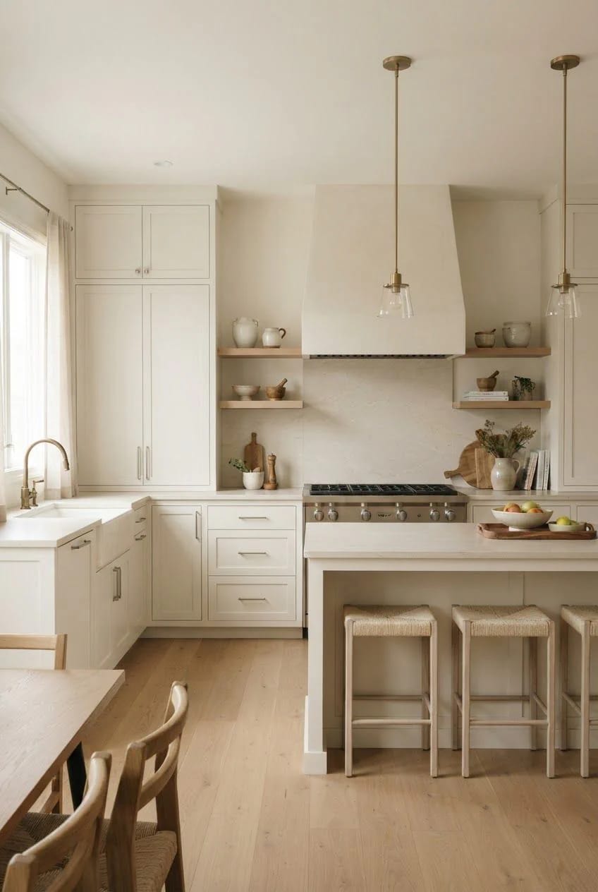 Warm Off-White Kitchen With Plastered Range Hood Warm off-white kitchen with matching cabinetry and a plastered range hood above the stove, open shelves, pendant lights, island seating, and wood flooring