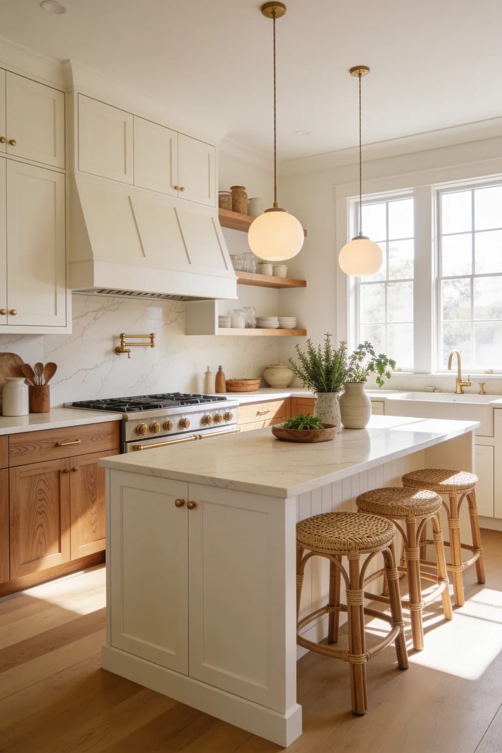 Warm Off-White Kitchen With Wood Base Cabinets Bright off-white kitchen with cream upper cabinets and island paired with warm wood base cabinets, brass fixtures, open wooden shelves, pendant lights, and woven bar stools