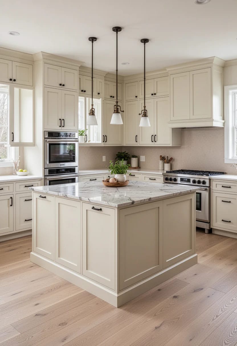 Warm Off-White Kitchen With Wood Flooring Warm off-white kitchen with paneled cabinetry, a large marble-topped island, stainless steel appliances, pendant lights, and light wood flooring showing how the floor undertone can guide an off-white kitchen palette