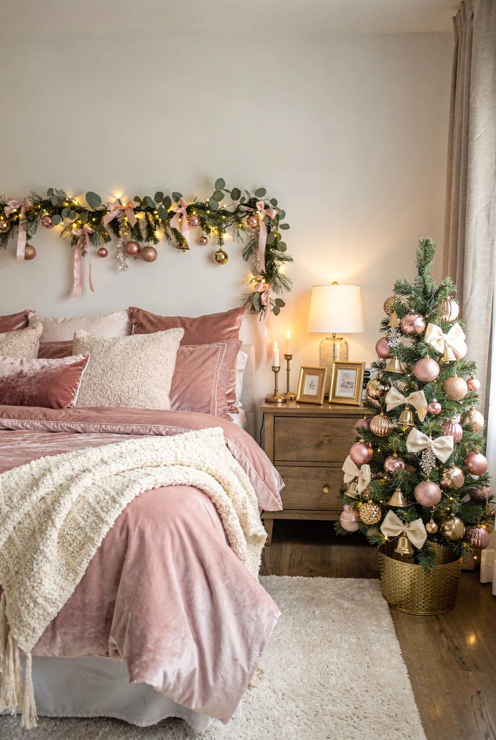 Bedroom decorated for Christmas with blush pink bedding, a garland of greenery and warm lights above the bed, and a decorated Christmas tree with pink ornaments, cream bows, and brass accents beside a wooden dresser