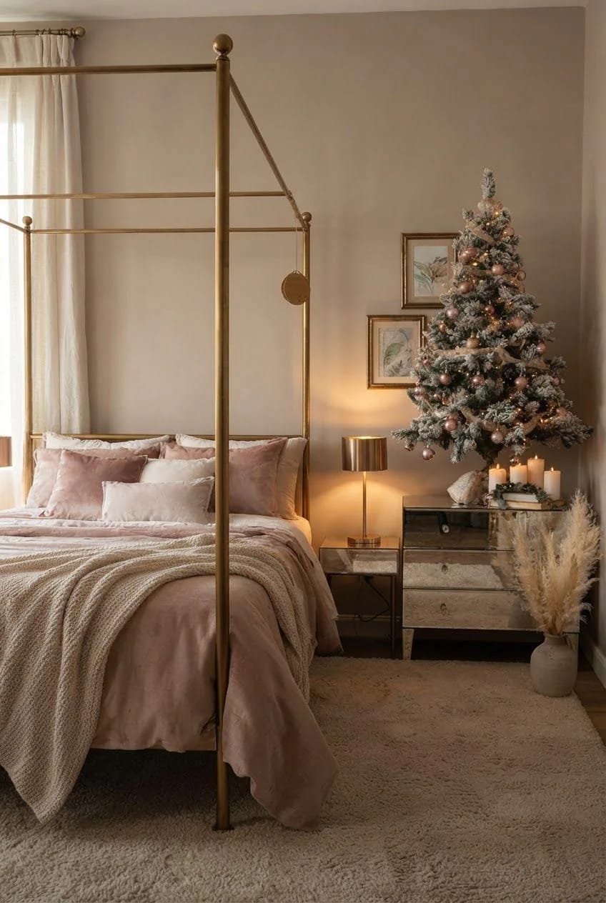 Bedroom featuring blush pink bedding, a brass canopy bed, and a decorated Christmas tree with warm metallic ornaments beside a dresser