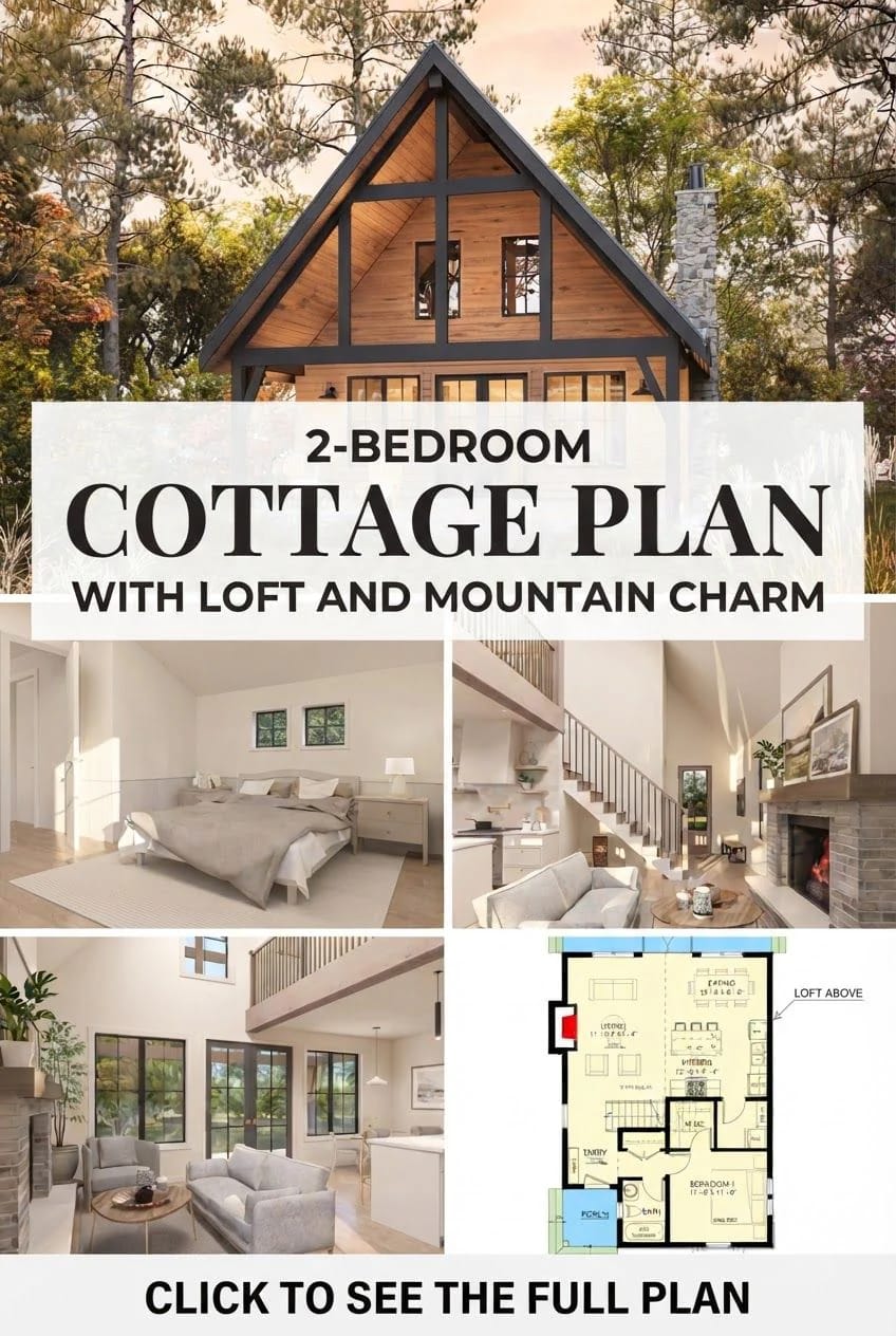 2-Bedroom Mountain Cottage House Plan With Loft Collage showing a wood-sided mountain cottage exterior, bright bedroom and great room interiors, and a floor plan labeled with two bedrooms and a loft for the 2-bedroom mountain cottage house plan.