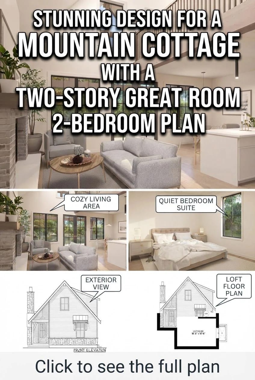 2-Bedroom Mountain Cottage With Loft Plan Collage showing a two-story mountain cottage interior with a living area, bedroom, exterior elevation, and loft floor plan for the featured 2-bedroom house plan