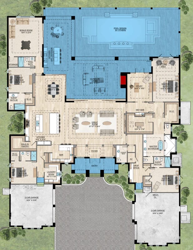 Detailed floor plan of a 4-bedroom contemporary house plan with a four-car courtyard garage, central great room, kitchen, multiple guest suites, outdoor living area, and swimming pool.